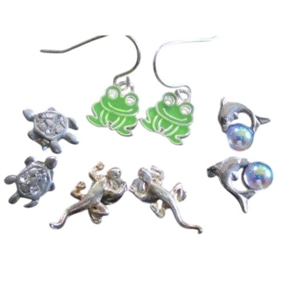 Animal Earring Set 4 Pairs Frog Turtle Lizard Dolphin Silver Tone Green Enamel